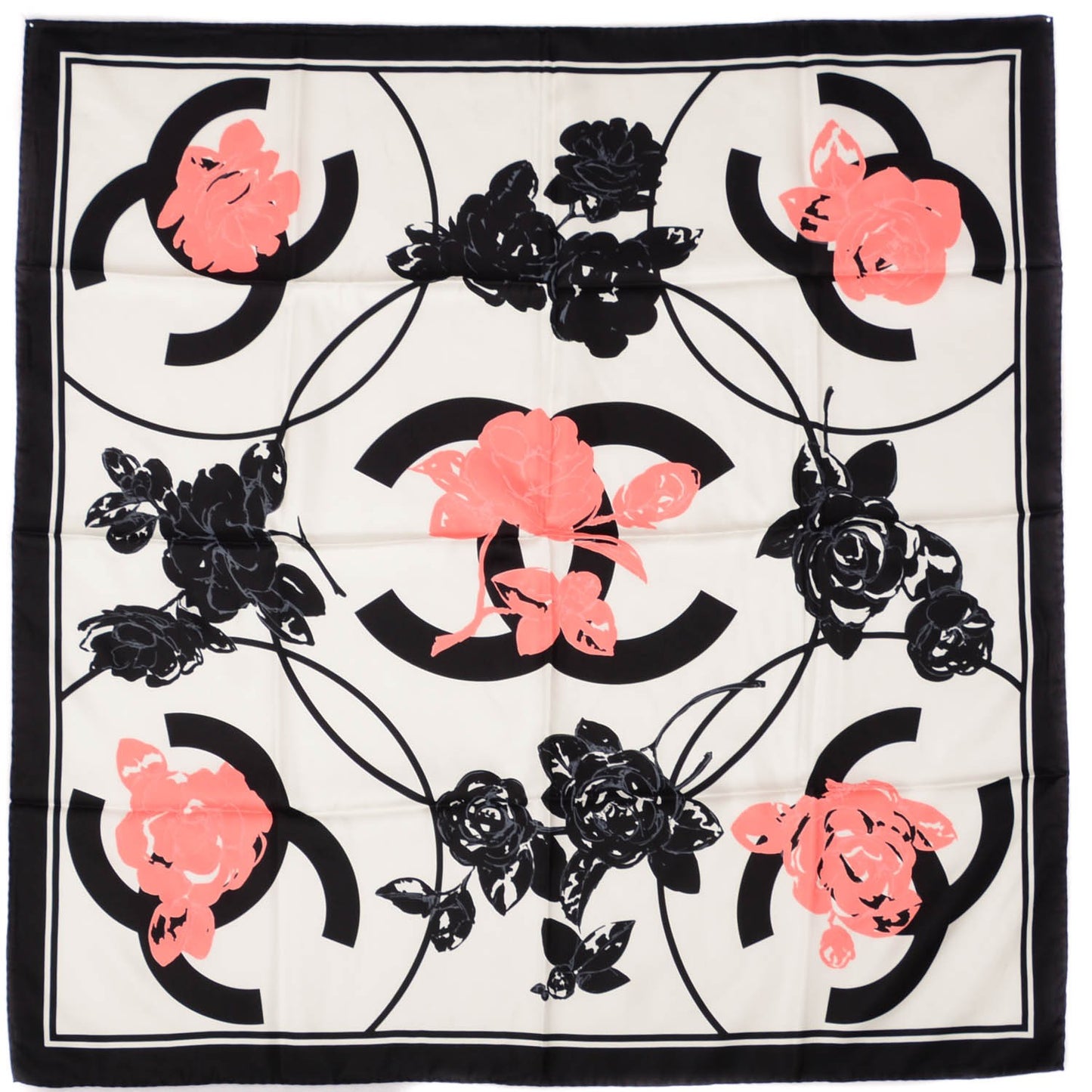 Silk CC Camellia Scarf Pink White Black
