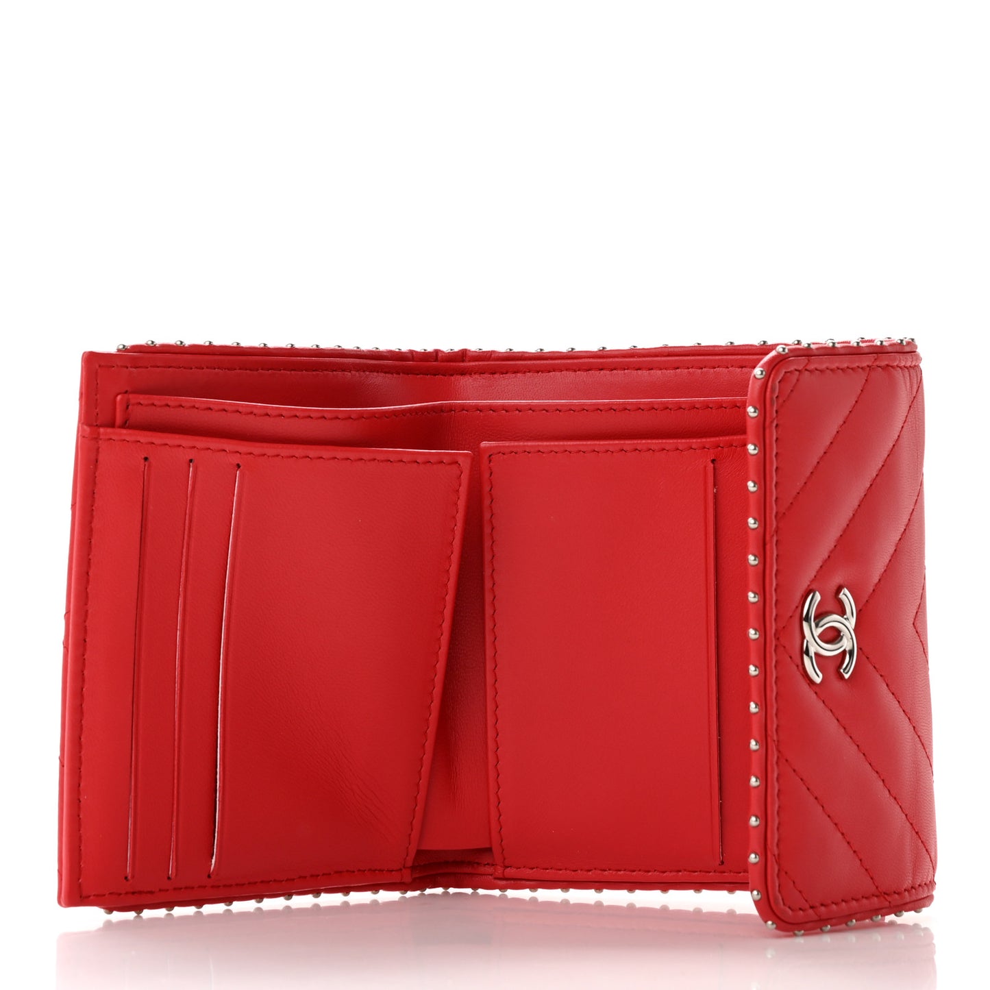 Lambskin Chevron Quilted Studded Compact Flap Wallet Red