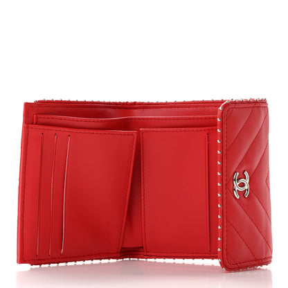 Chanel Lambskin Chevron Quilted Studded Compact Flap Wallet Red 6 of 14