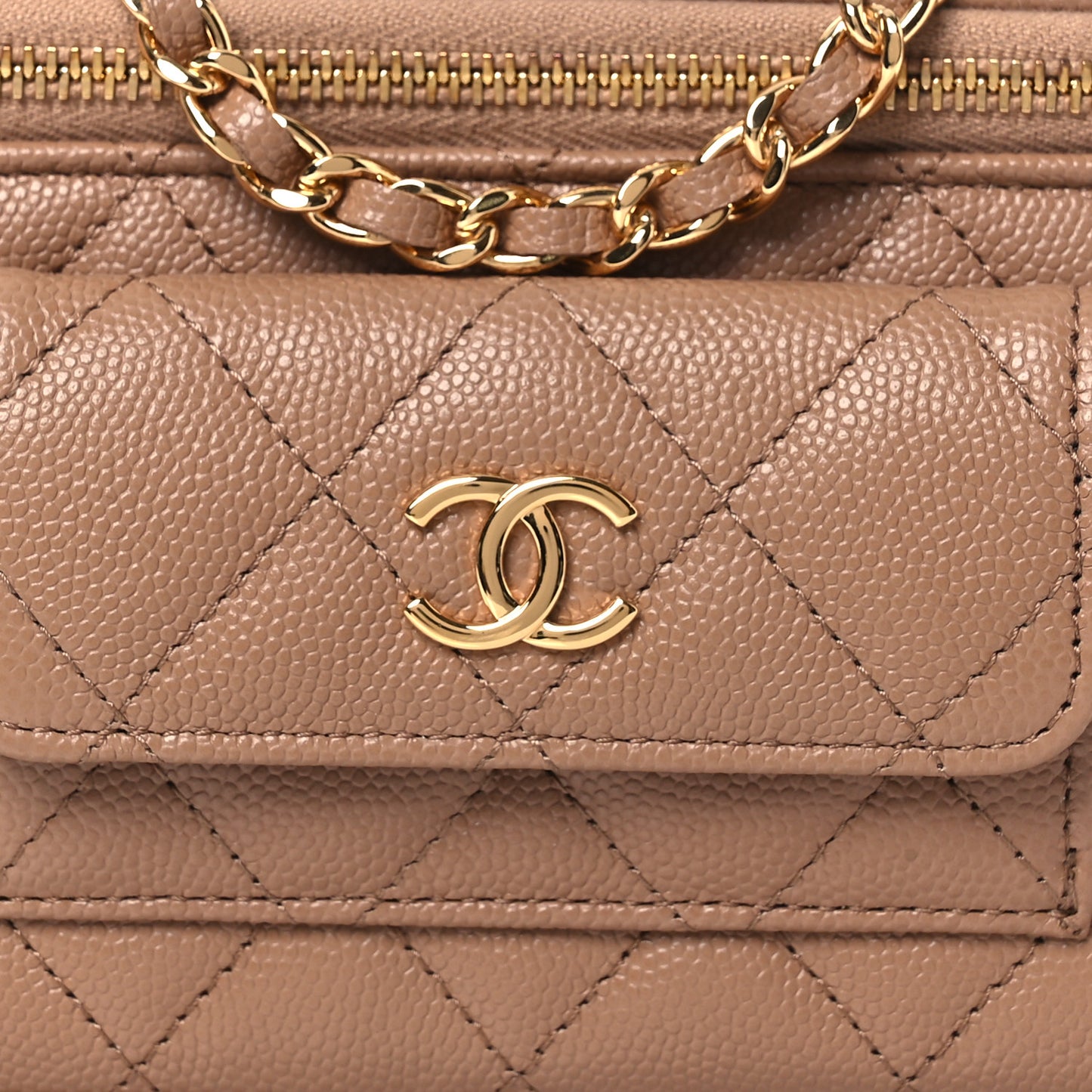 Caviar Quilted Polly Pocket East West Top Vanity With Chain Dark Beige