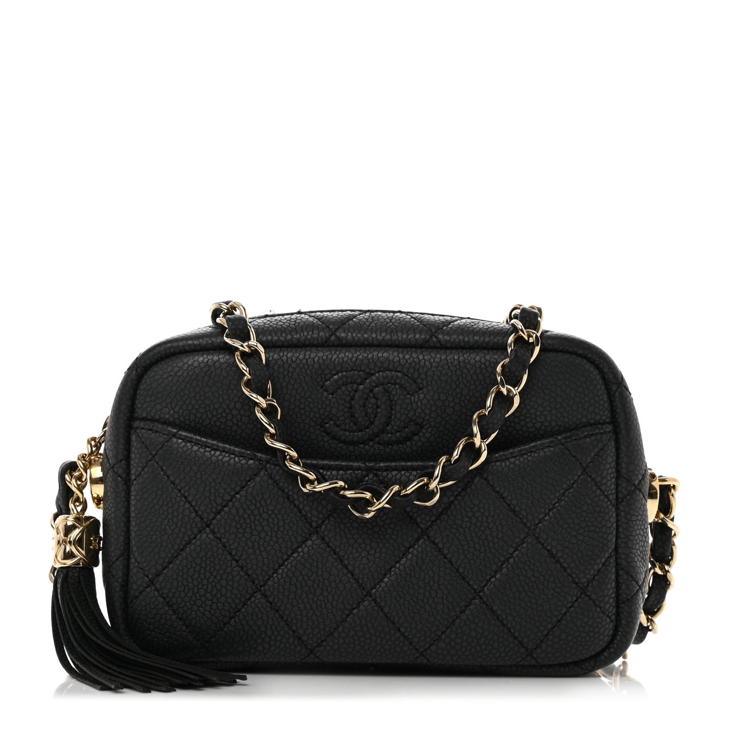 Caviar Quilted Mini Coco Tassel Camera Case Black