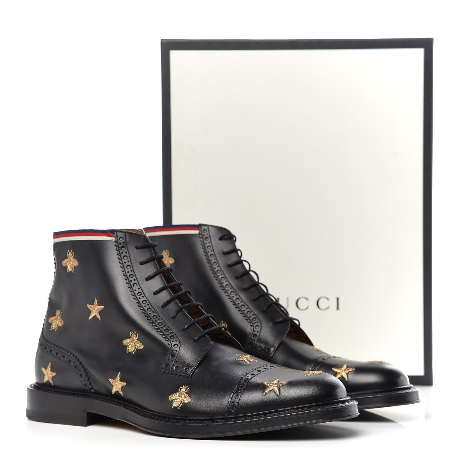 Gucci Calfskin Sylvie Web Bee Star Embroidered Mens Brogue Captoe Boots 10.5 Black 12 of 12