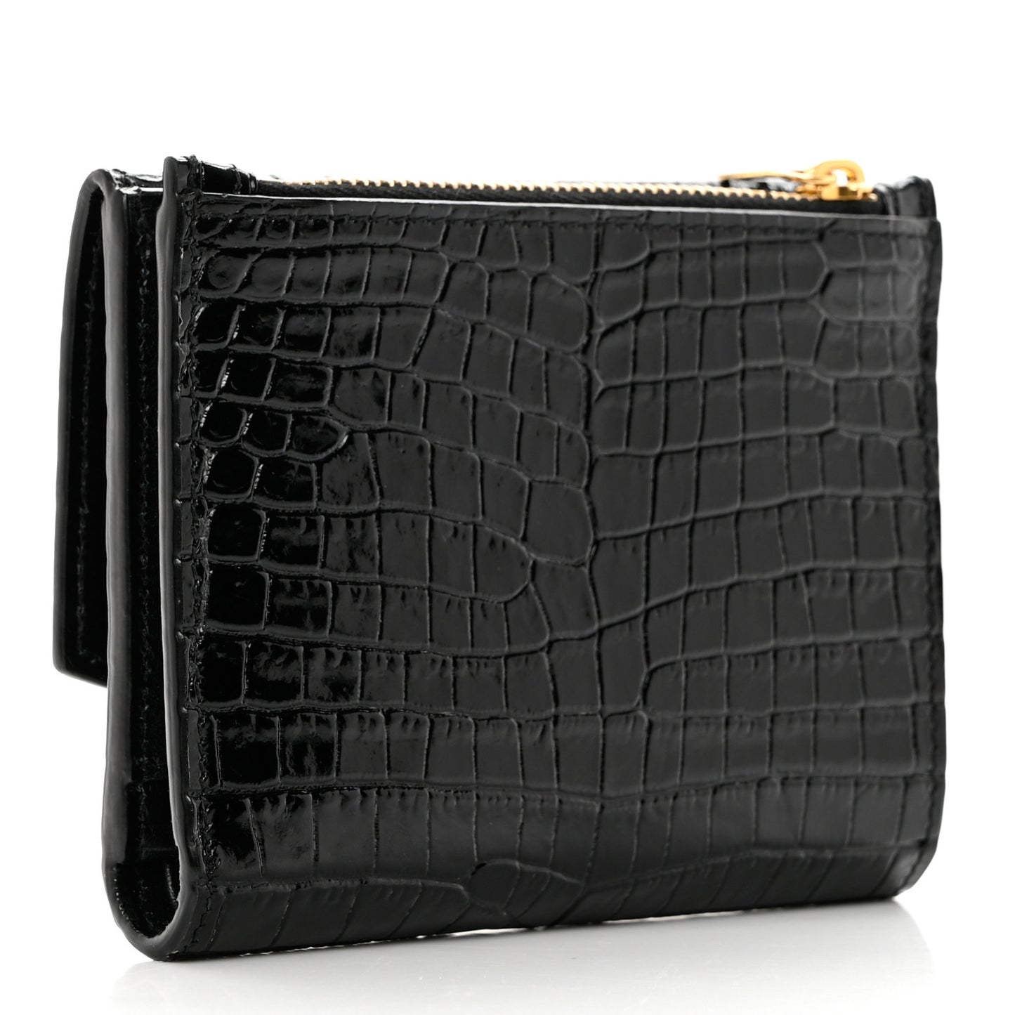 Shiny Calfskin Crocodile Embossed Monogram Uptown Compact Wallet Black