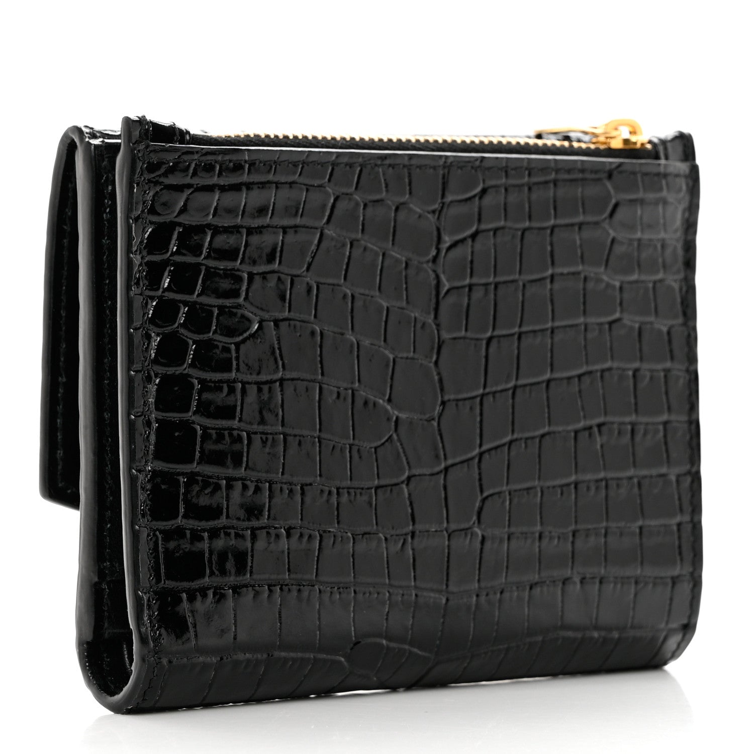 Saint Laurent Shiny Calfskin Crocodile Embossed Monogram Uptown Compact Wallet Black 3 of 7