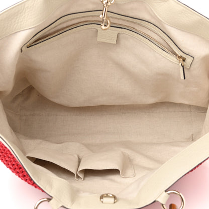 Gucci Straw Calfskin Bamboo Shopper Tote Raspberry 5 of 10