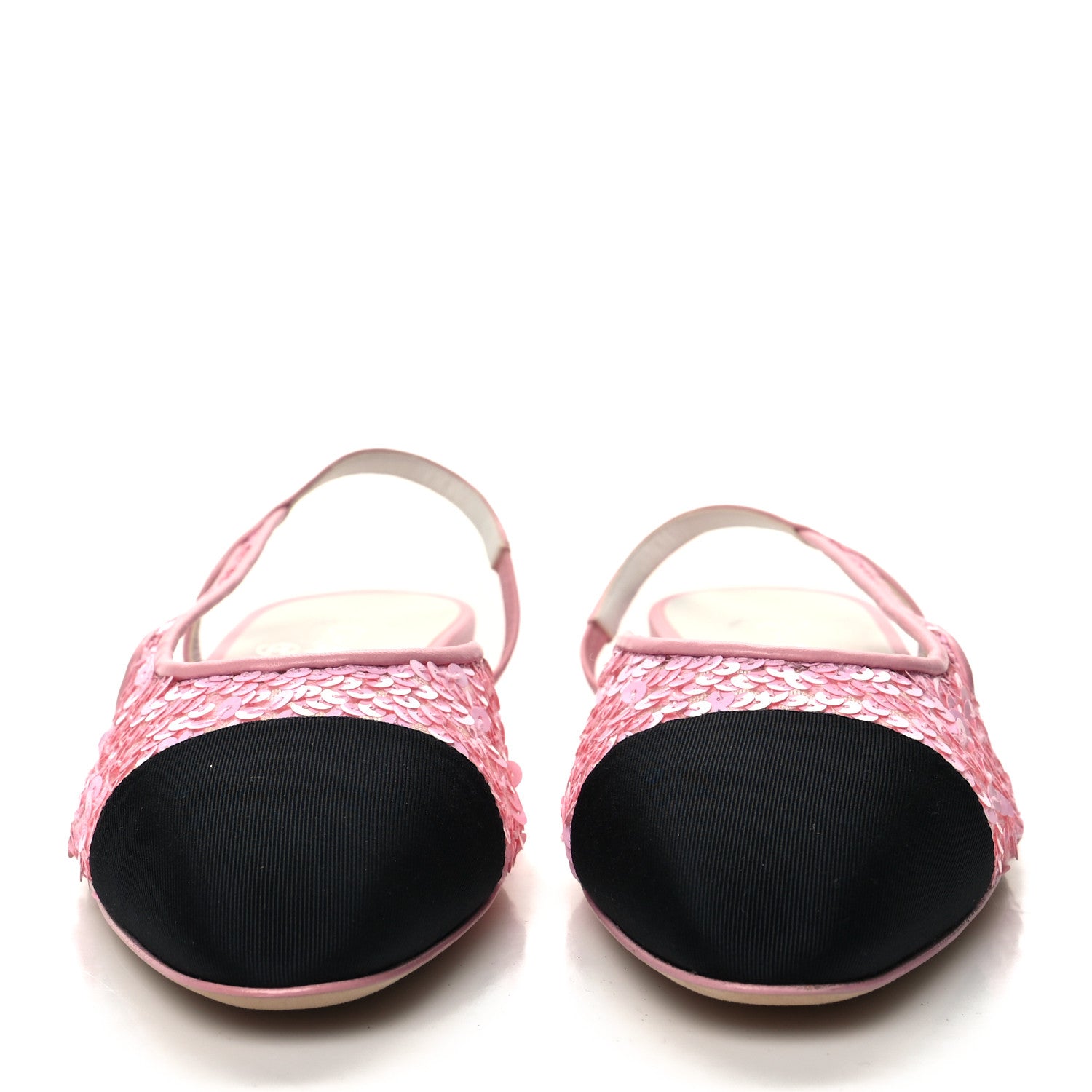 Chanel Sequins Satin Cap Toe CC Slingback Flat 38 Pink Black