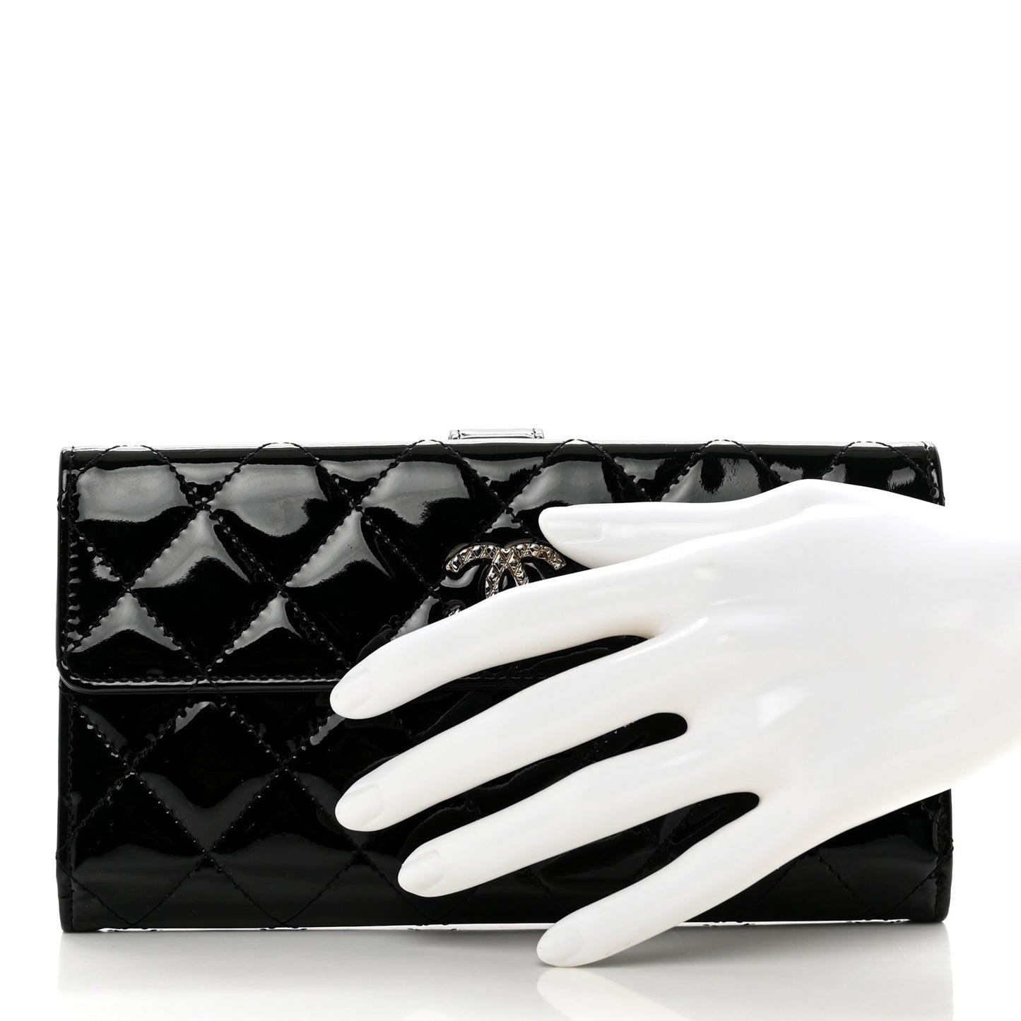 Patent Quilted Large Brilliant Flap Wallet Black