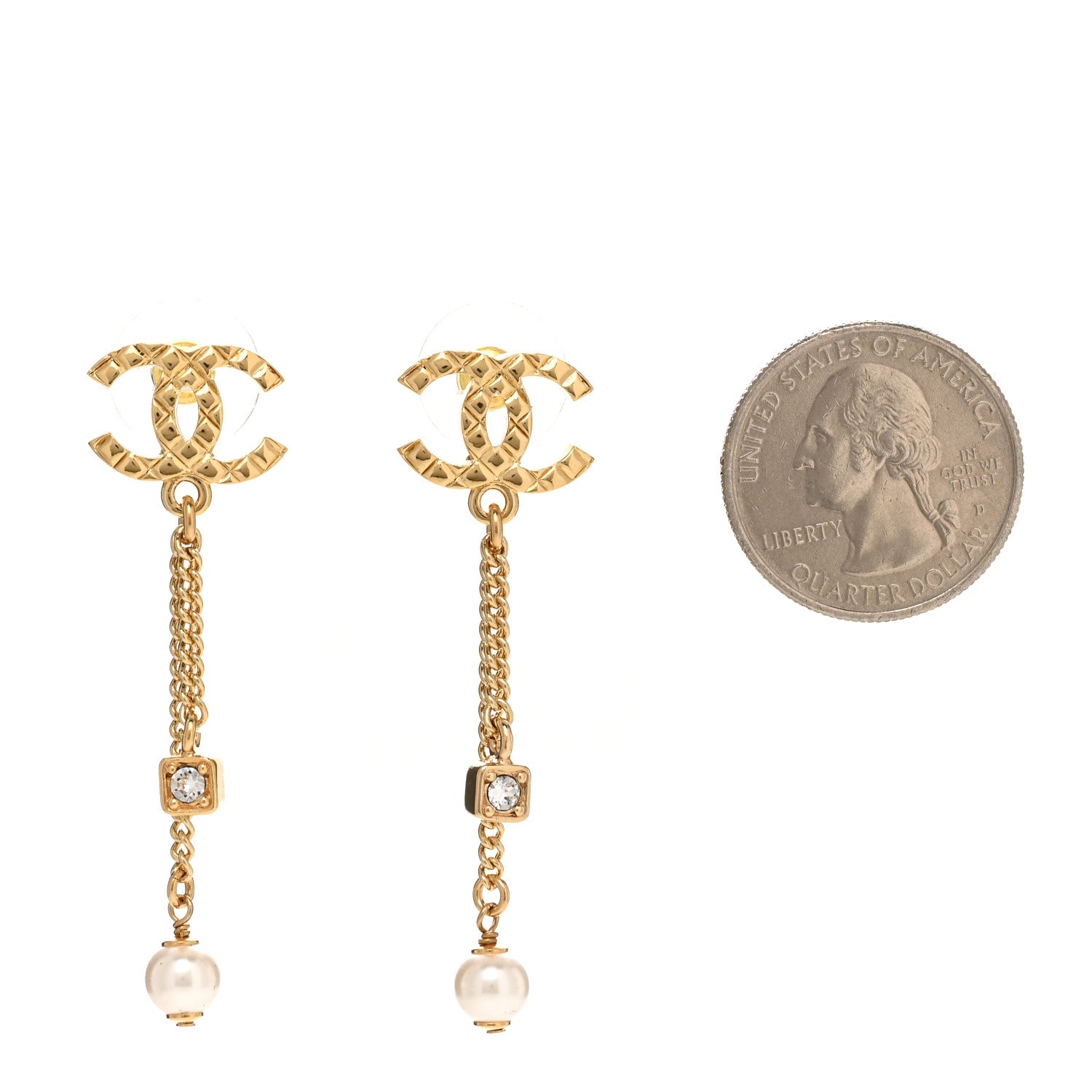 Chanel Crystal Pearl Quilted CC Chain Drop Earrings Gold 2 of 5