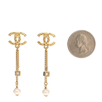 Chanel Crystal Pearl Quilted CC Chain Drop Earrings Gold 2 of 5