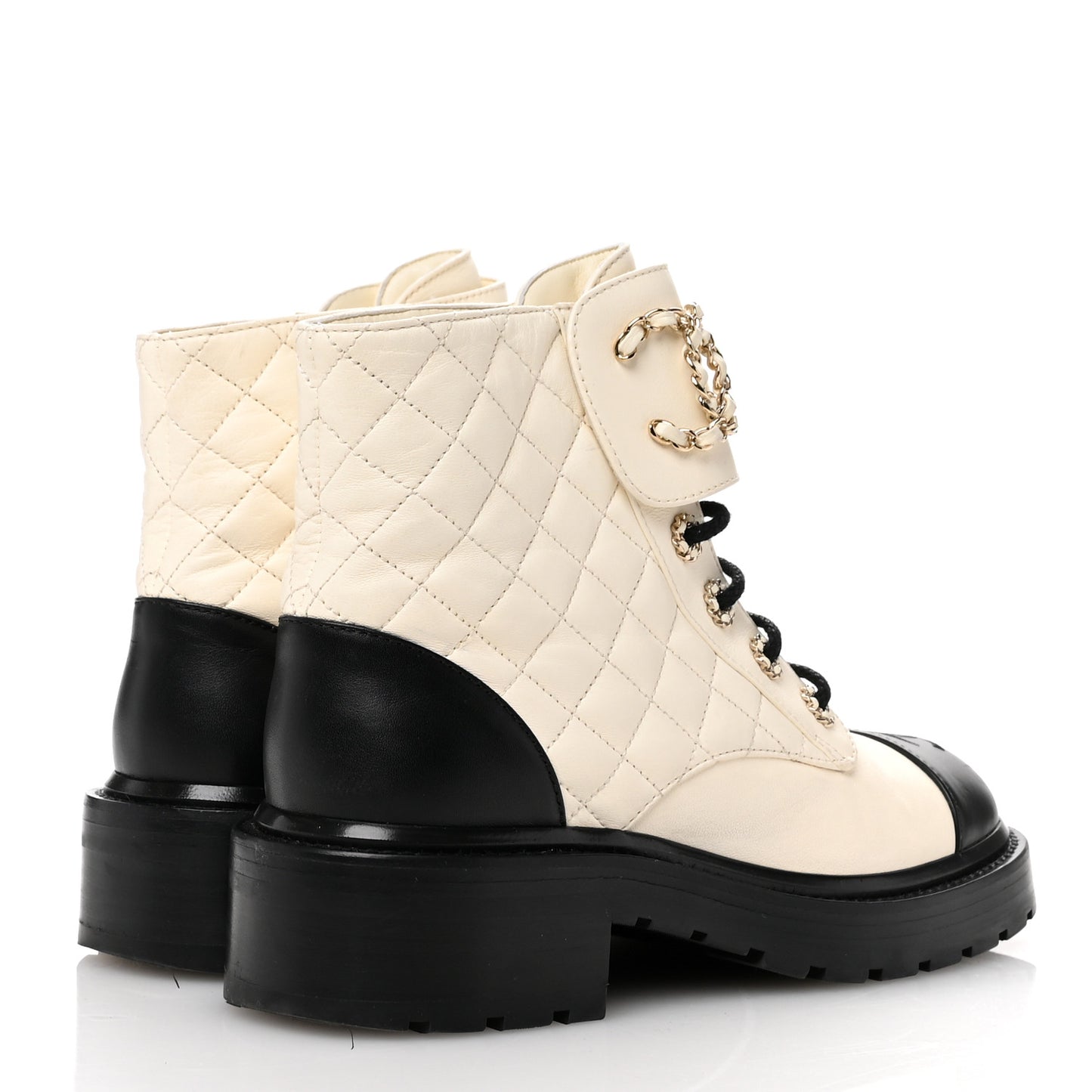 Shiny Calfskin Quilted Lace Up Combat Boots 37.5 Ivory Black