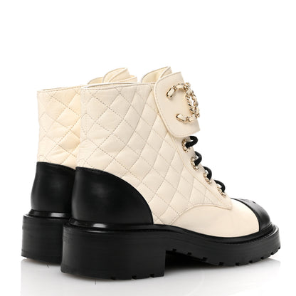 Chanel Shiny Calfskin Quilted Lace Up Combat Boots 37.5 Ivory Black 5 of 11