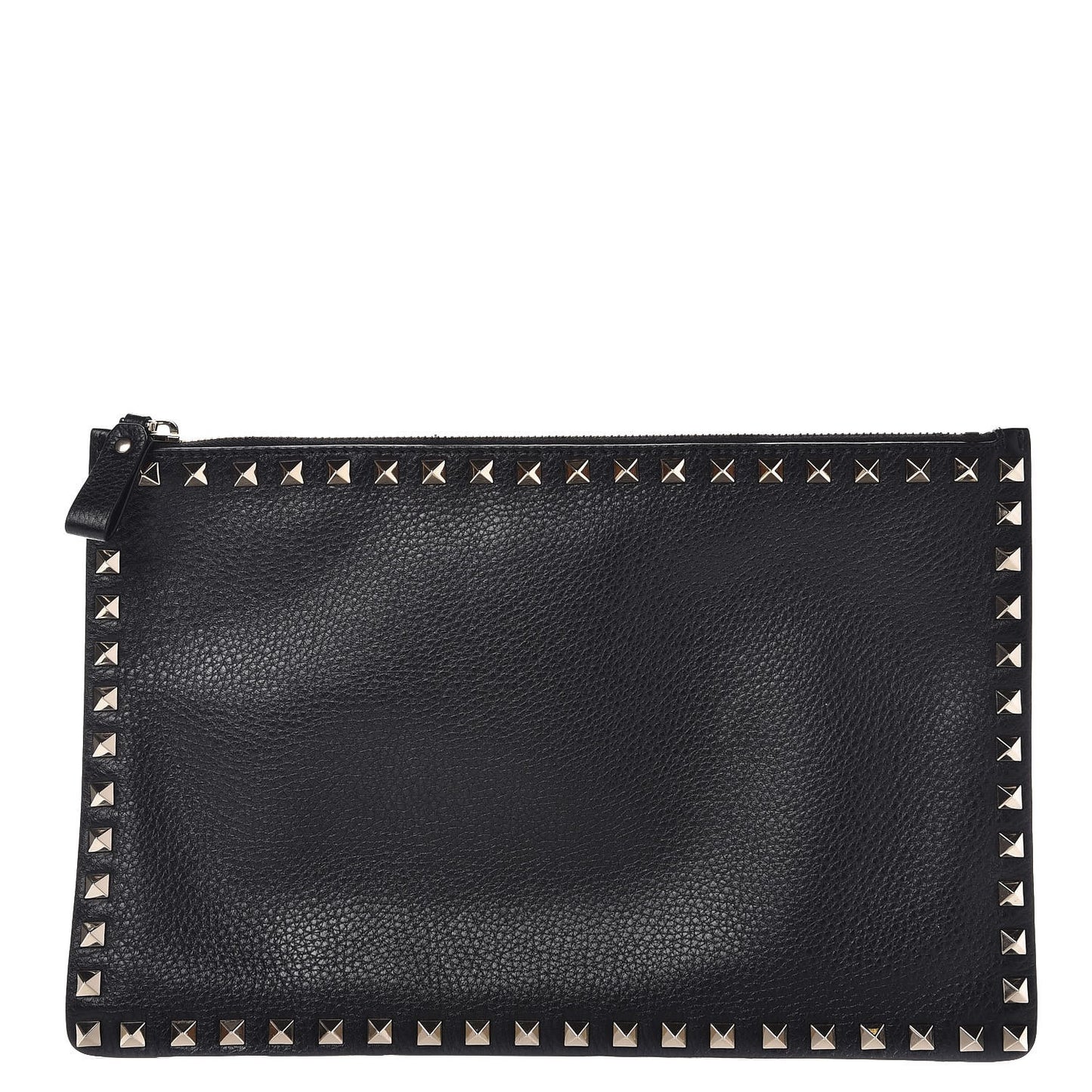 Pebbled Calfskin Large Rockstud Zip Pouch Black