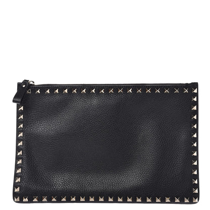 Valentino Garavani Pebbled Calfskin Large Rockstud Zip Pouch Black 1 of 8