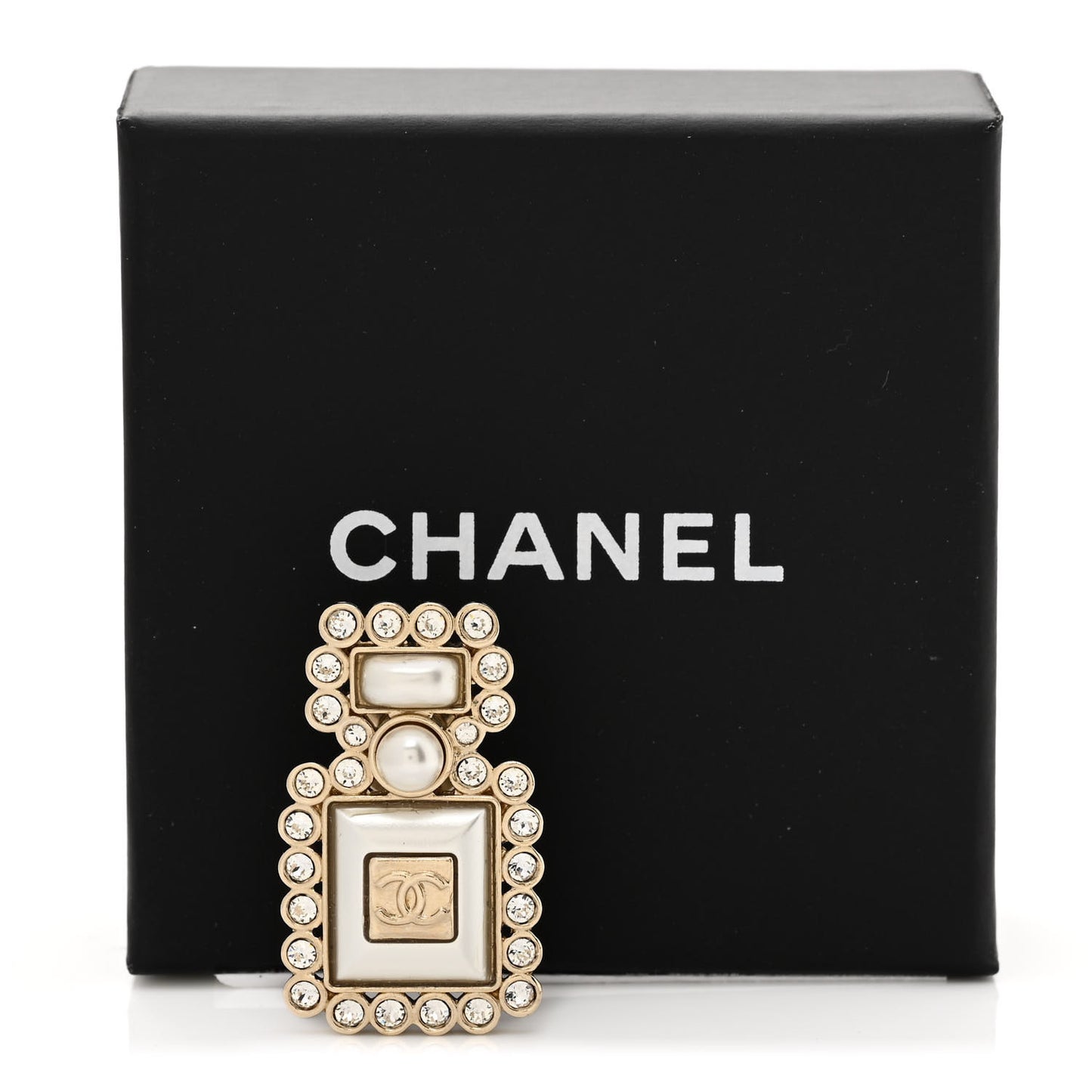 Resin Crystal Pearl Perfume Bottle CC Brooch White Gold