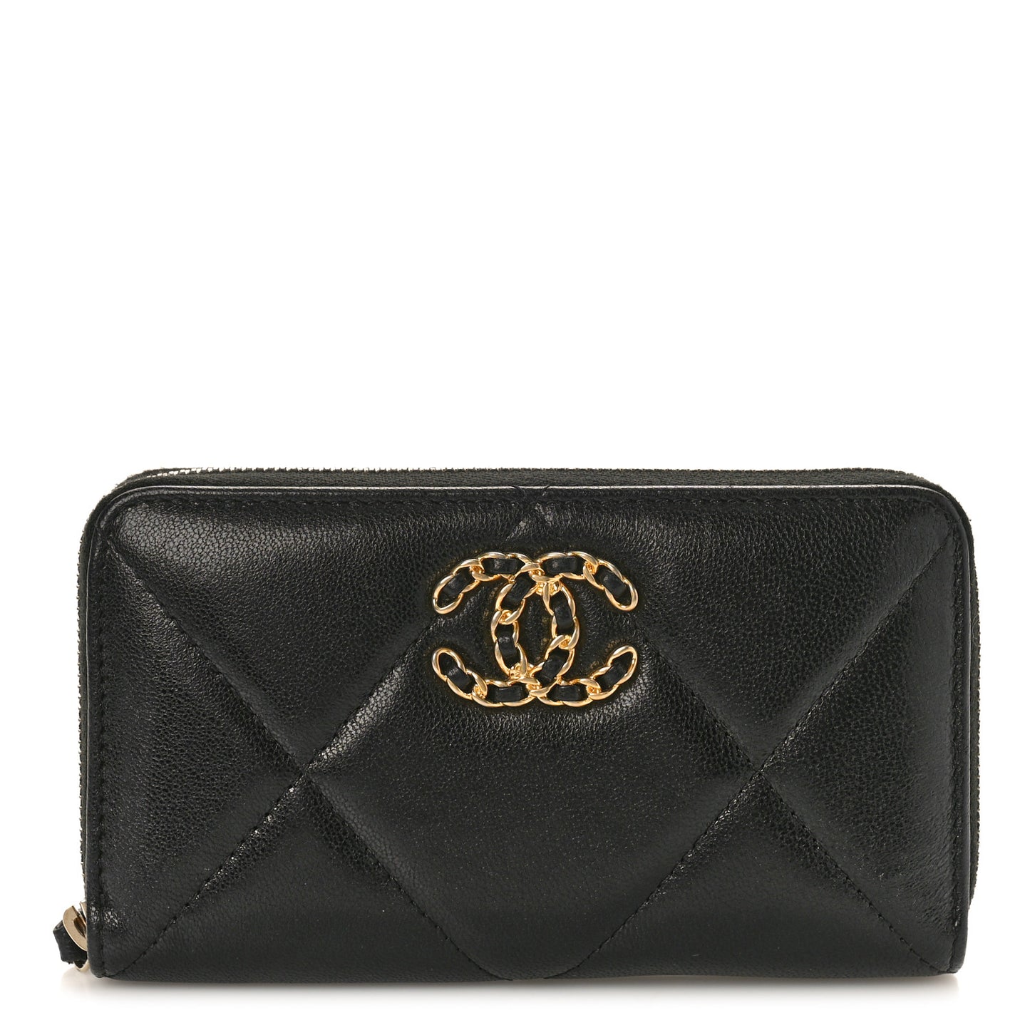 Shiny Goatskin Quilted Chanel 19 Long Zipped Around Wallet Black