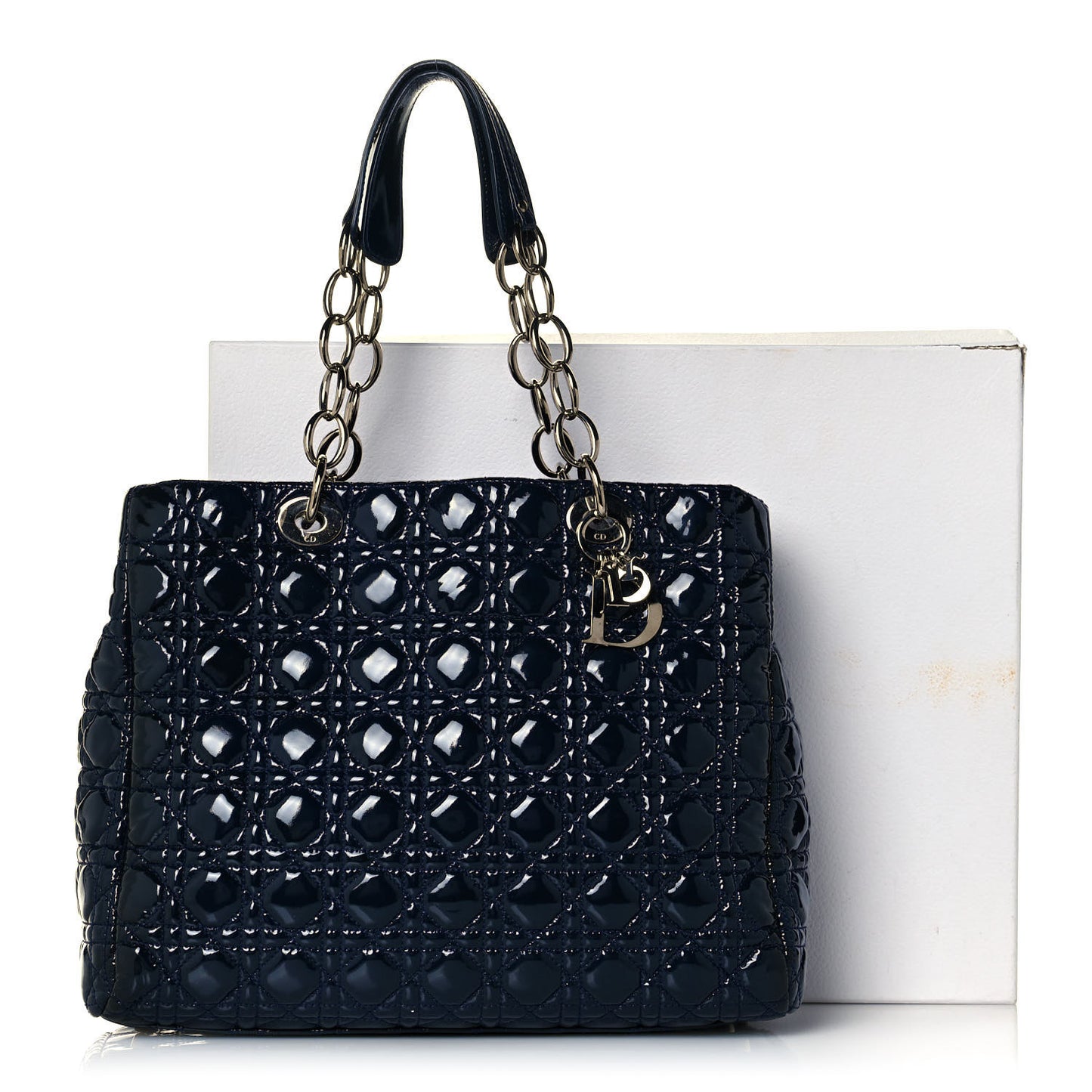 Patent Cannage Large Dior Soft Shopping Tote Navy Blue