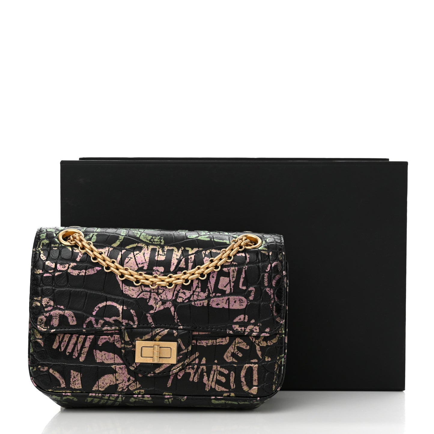 Calfskin Crocodile Embossed Graffiti 2.55 Mini Cocodile Reissue Flap Black Pink
