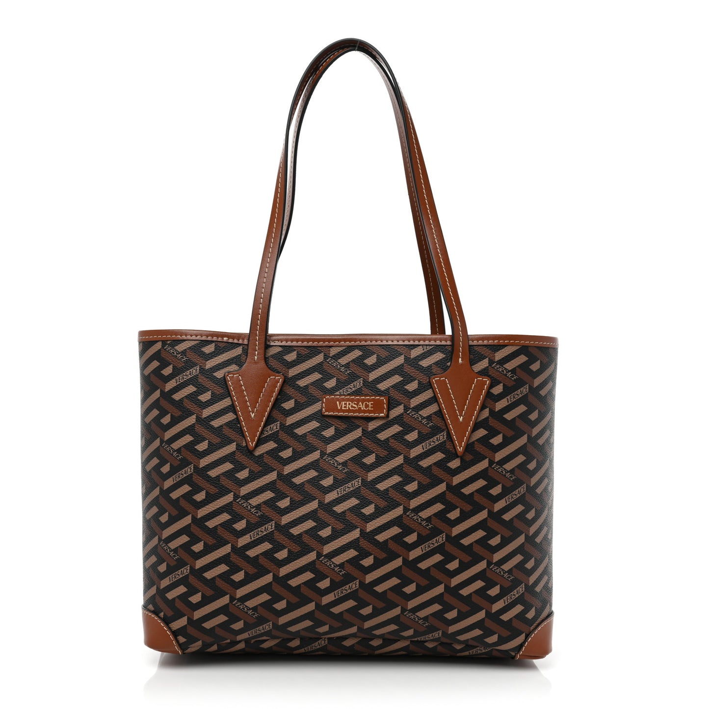 Coated Canvas Calfskin La Greca Signature Shopper Tote Bag Black Caramel