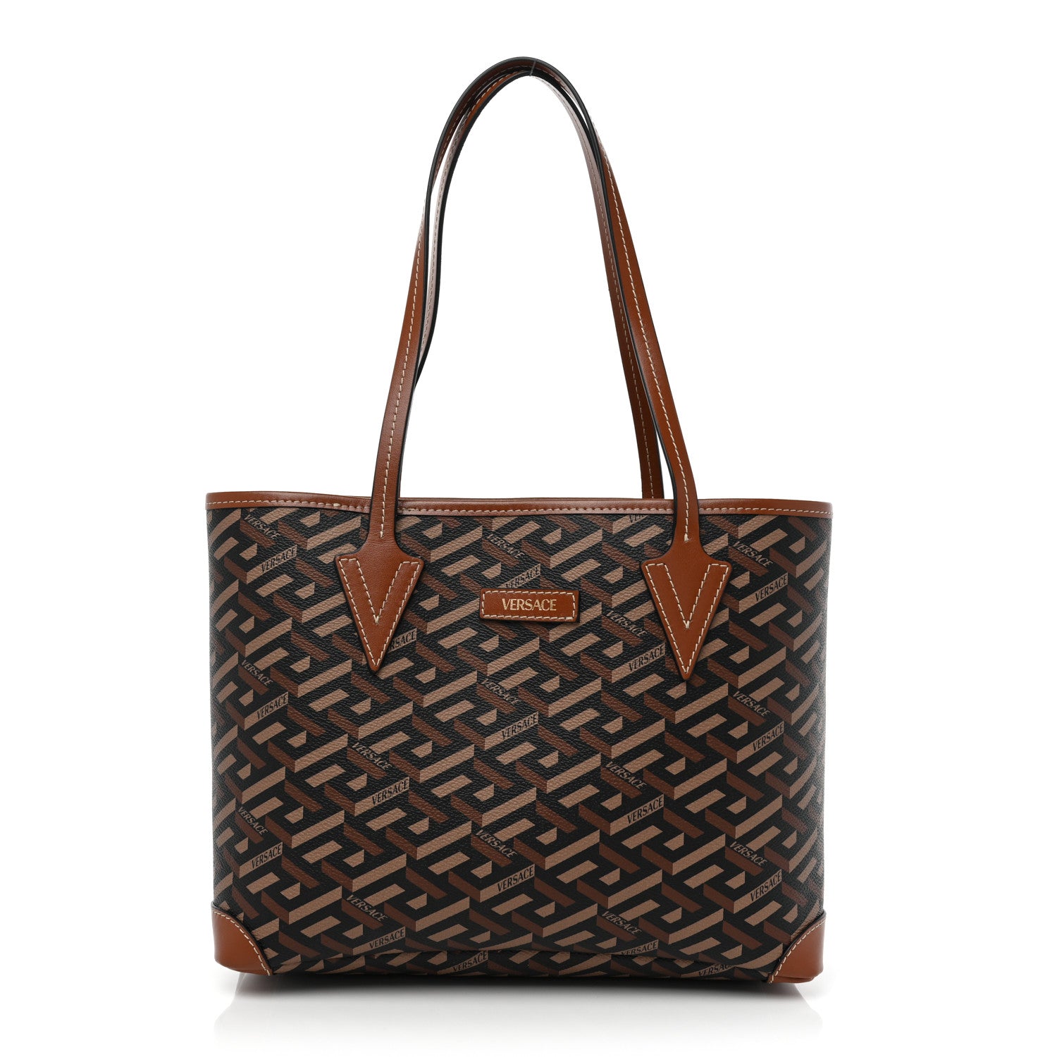 Versace Coated Canvas Calfskin La Greca Signature Shopper Tote Bag Black Caramel 3 of 10