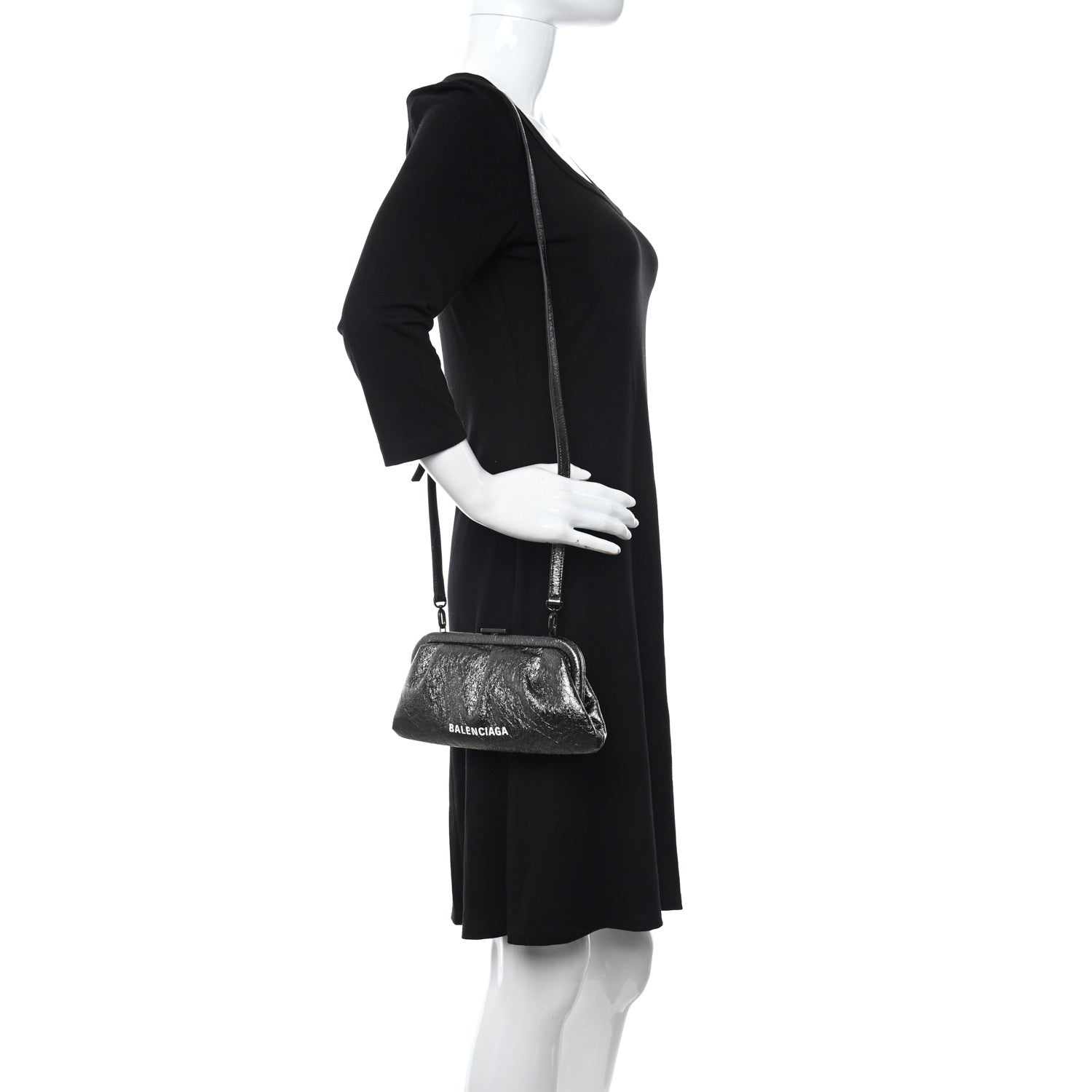 Balenciaga Metallic Textured Calfskin Logo Cloud Clutch XS Black 2 of 10