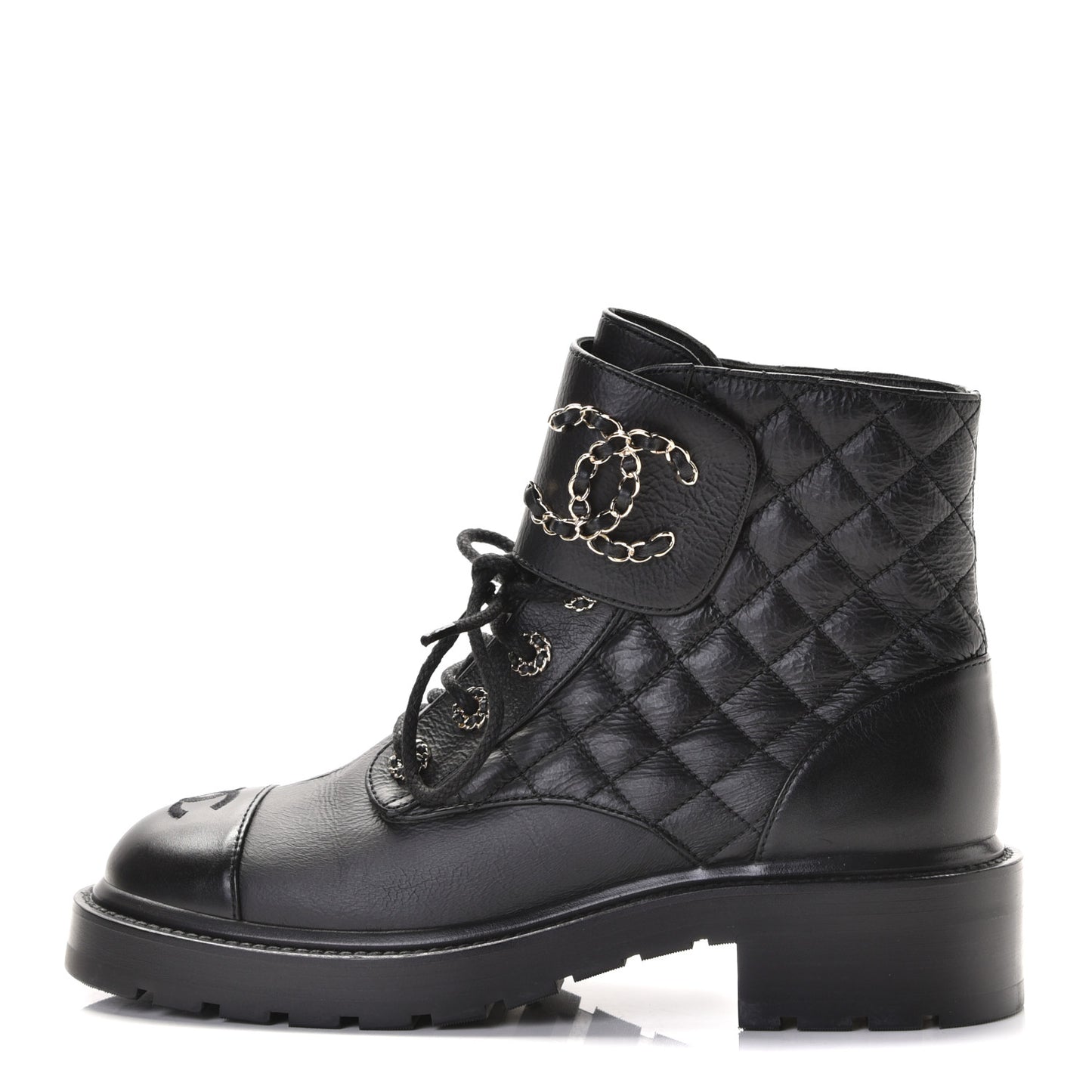 Shiny Goatskin Calfskin Quilted Lace Up Combat Boots 38.5 Black