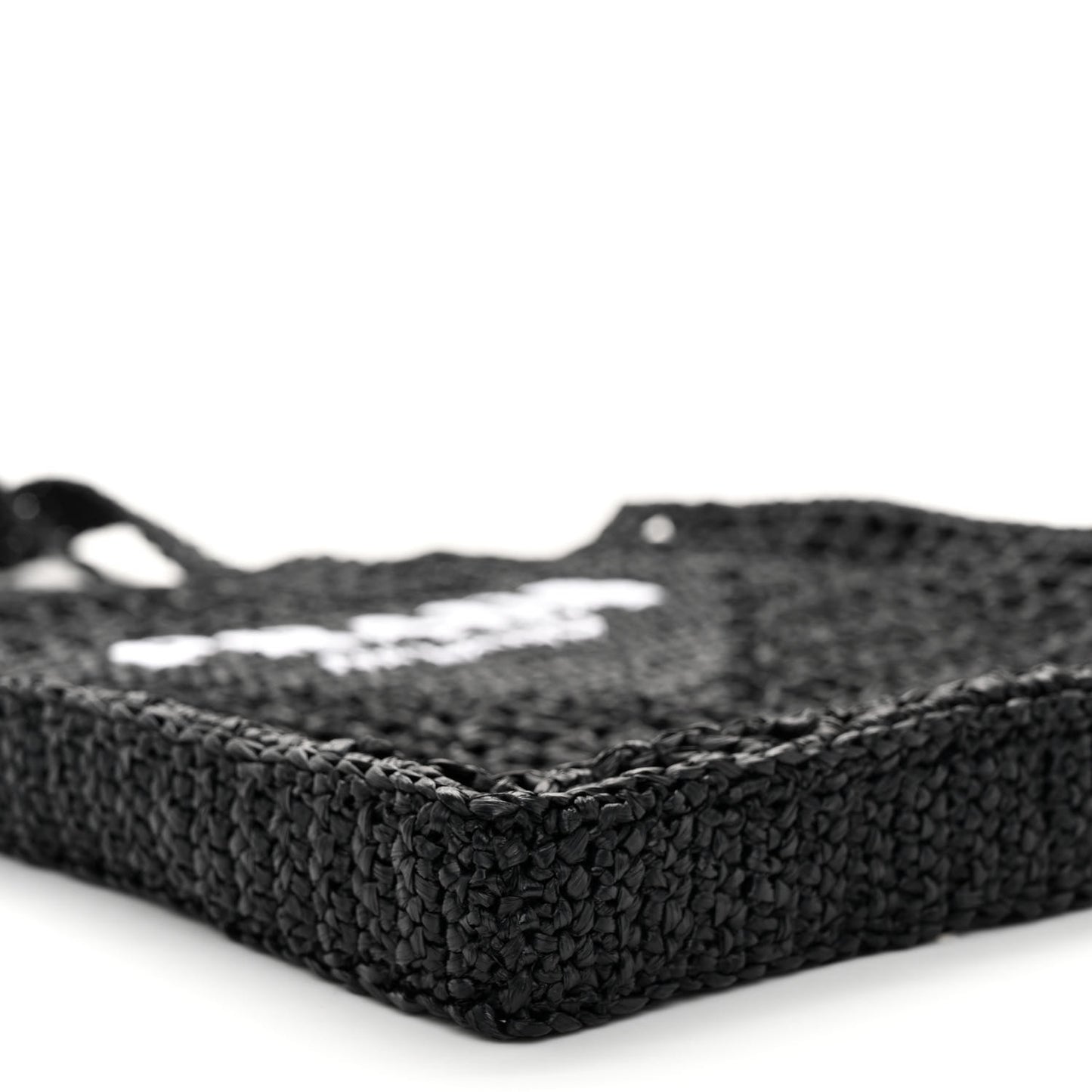 Yarn Raffia Effect Crochet Logo Embroidered Tote Bag Black