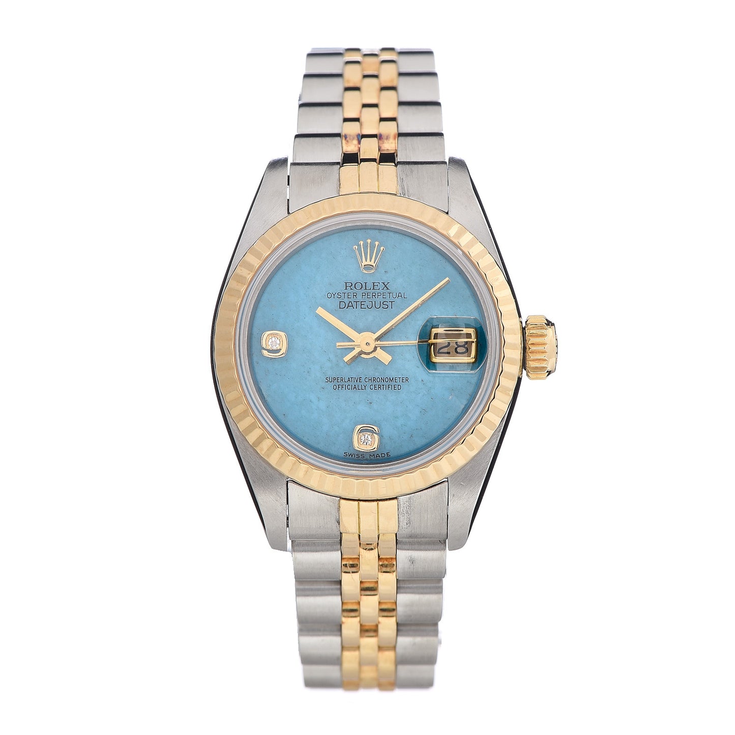 Stainless Steel 18K Yellow Gold Diamond Turquoise 26mm Oyster Perpetual Datejust Watch 69173