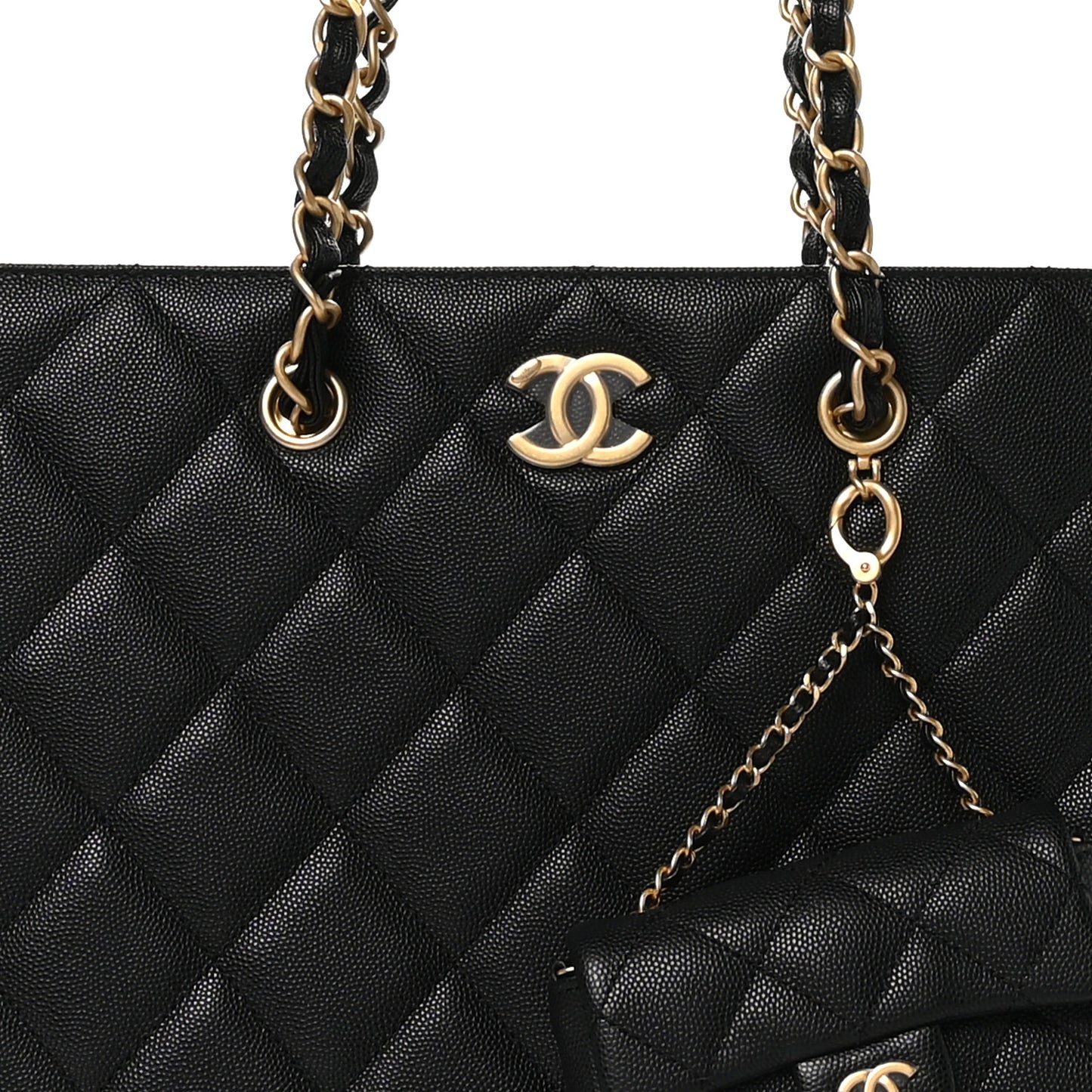 Caviar Quilted Chain Large Shopping Tote With Coin Purse Black