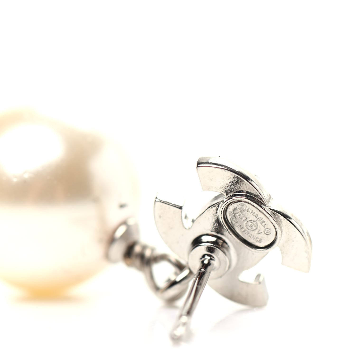 Chanel Crystal Pearl CC Drop Earrings Silver Pearly White 4 of 5