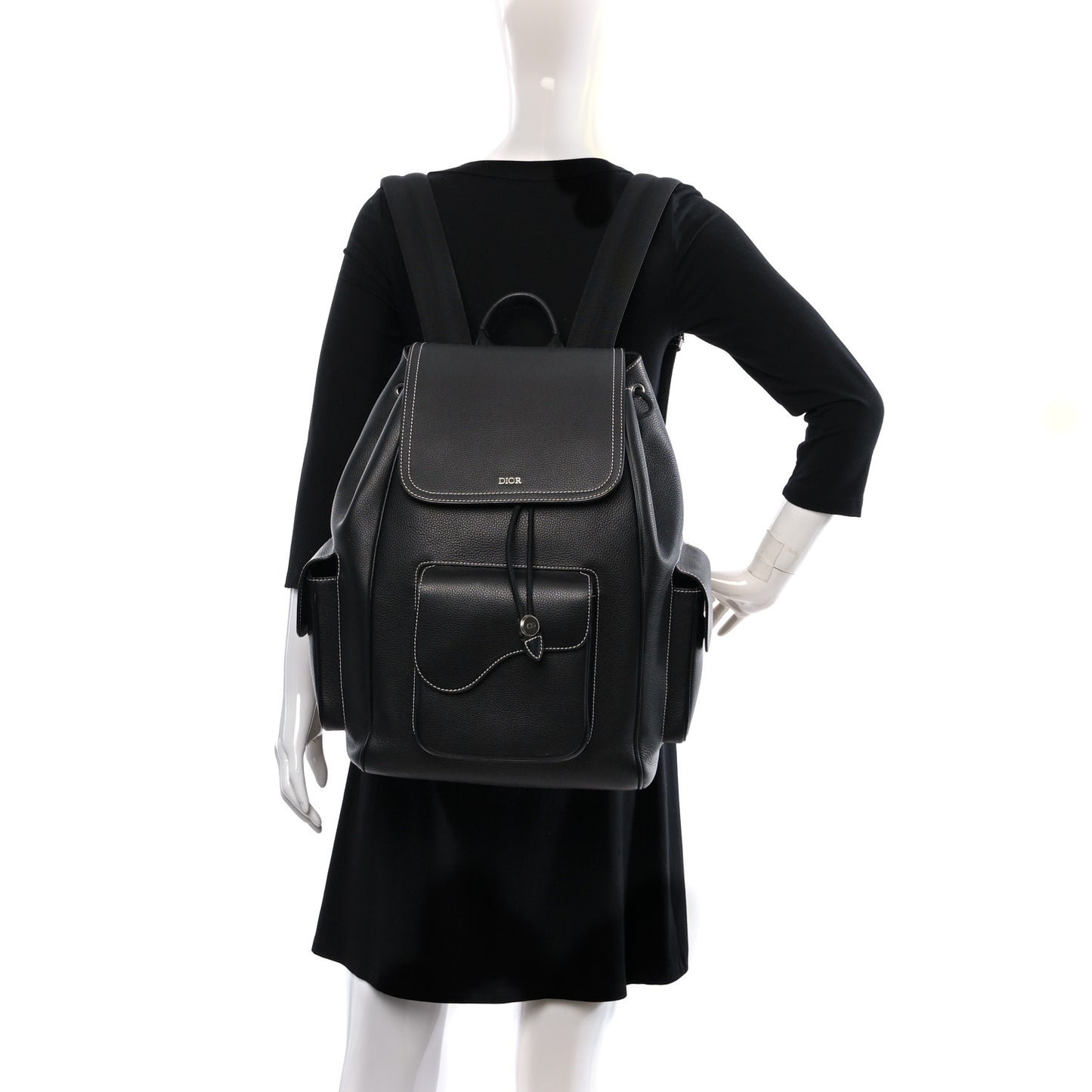 Grained Calfskin Saddle Drawstring Backpack Black