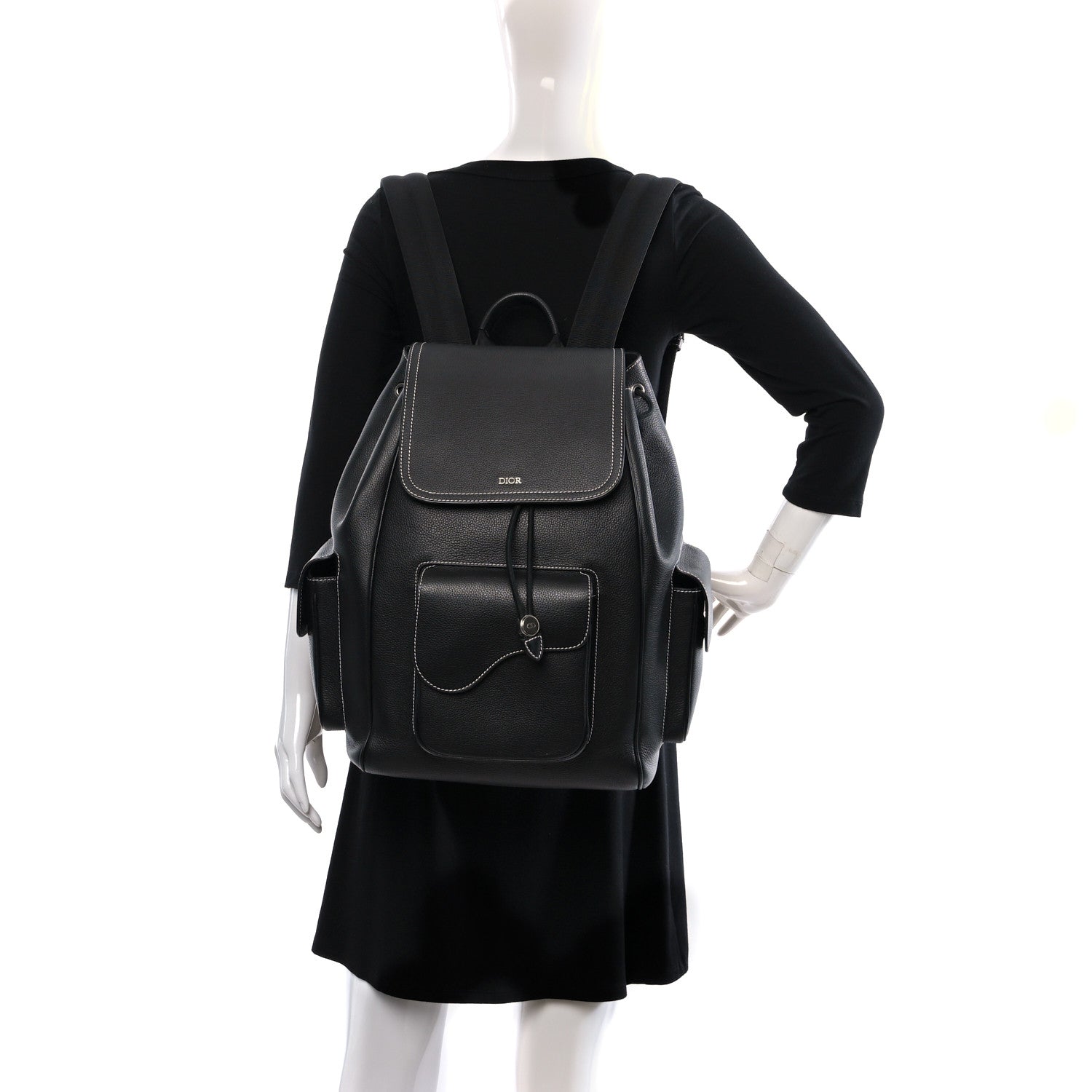 Christian Dior Grained Calfskin Saddle Drawstring Backpack Black 3 of 8