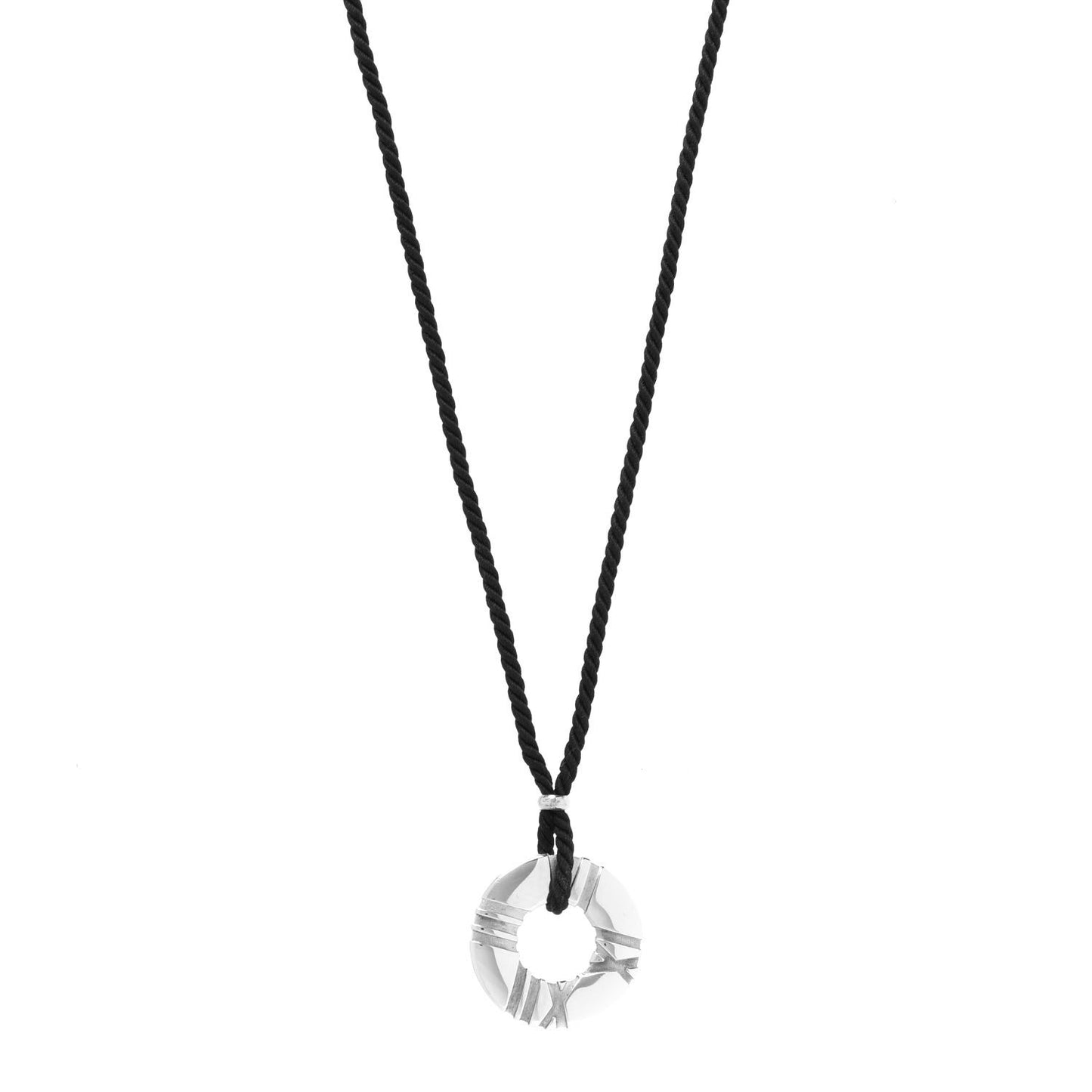 Sterling Silver Atlas Circle Pendant Cord Necklace Black