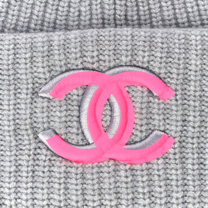 Chanel Wool Cashmere CC Beanie Hat Light Grey Fuchsia 10 of 10