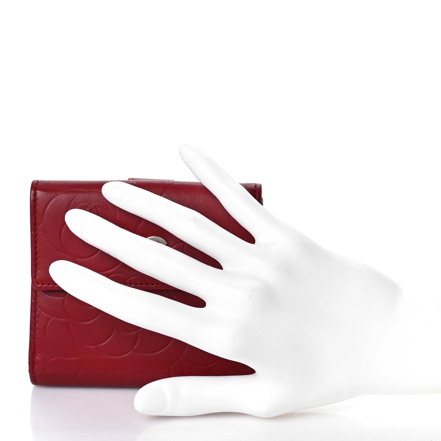 Lambskin Camellia Embossed Compact French Flap Wallet Red