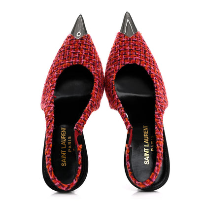 Saint Laurent Tweed Cap Toe Vesper Slingback Pumps 37 Pink 2 of 13