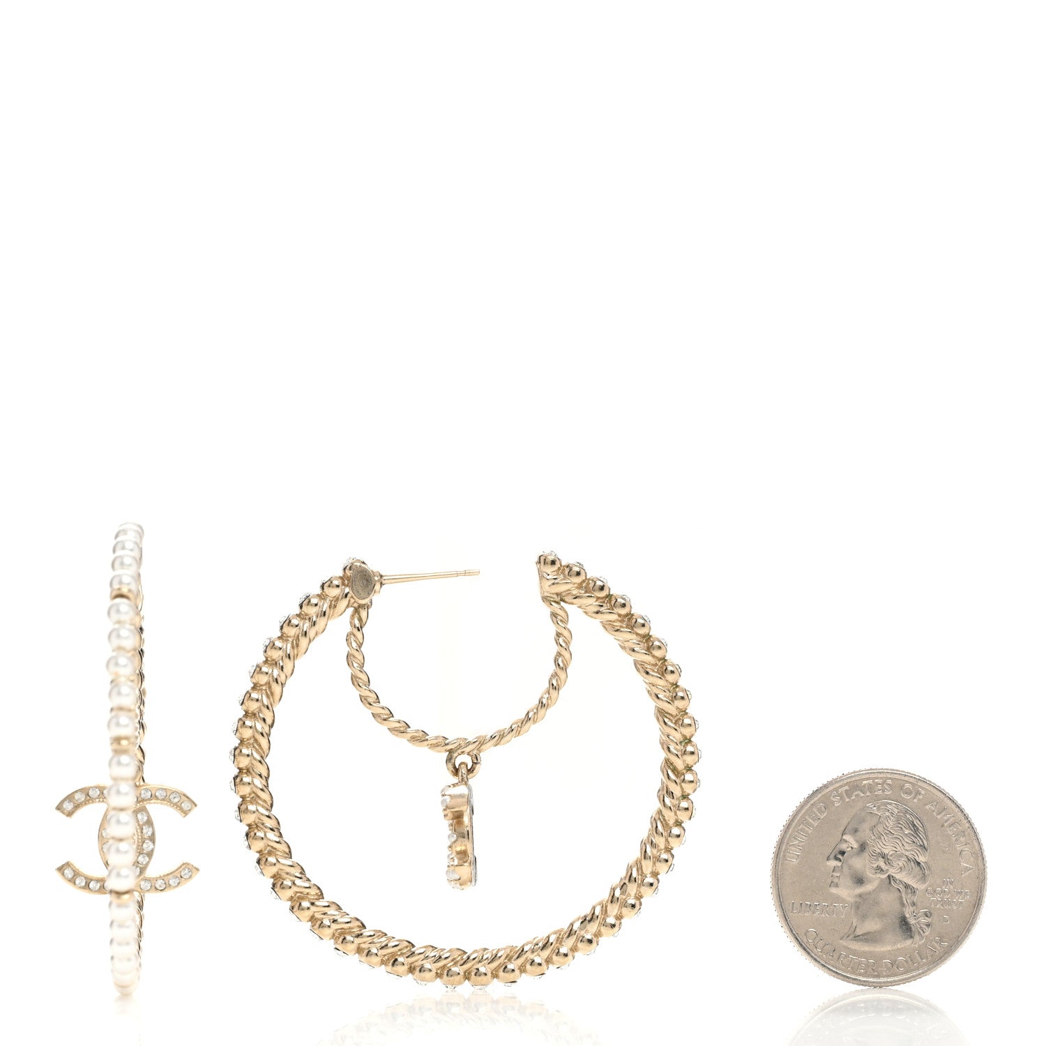 Chanel Crystal Pearl CC Drop Hoop Earrings Gold Pearly White 2 of 6