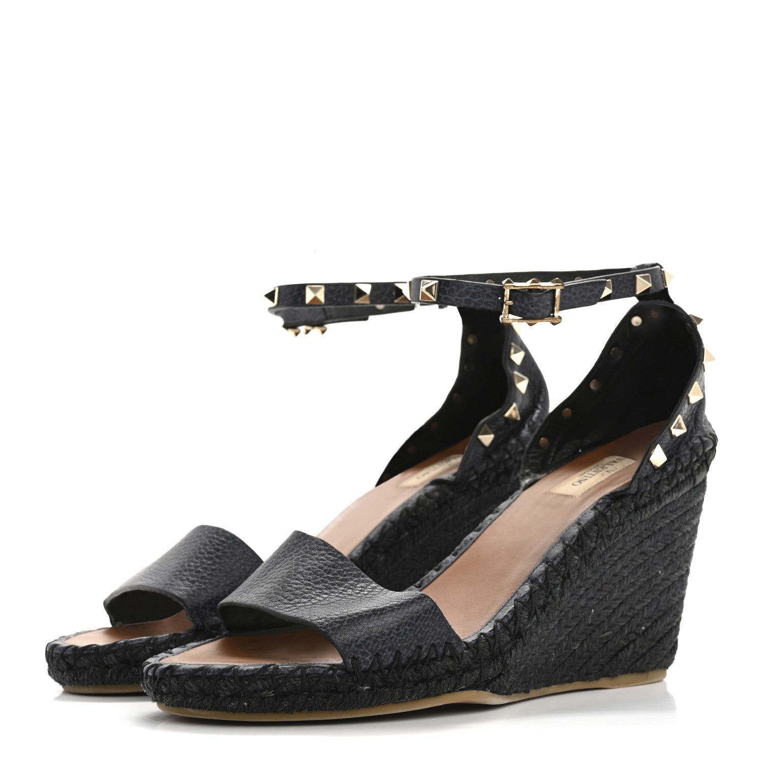 Valentino Garavani Grained Calfskin Rockstud Ankle Strap Espadrille 15/105mm Wedge Sandals 41 Black 4 of 14