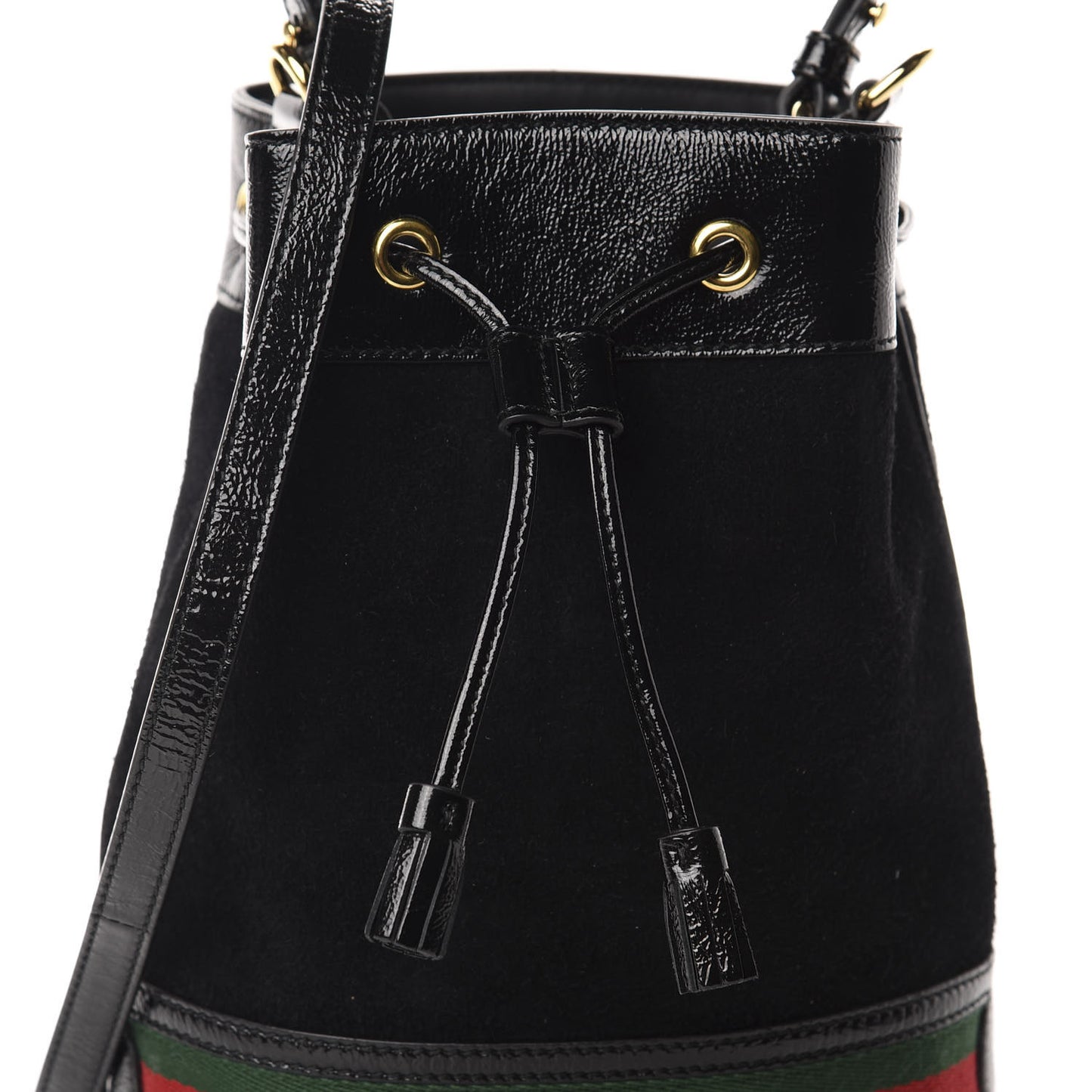 Suede Patent Web Small Ophidia Bucket Bag Black