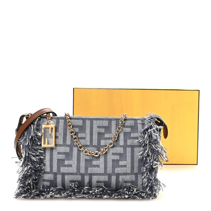 Fendi Denim Vitello Fringe FF Embroidered Baguette Pouch Myrtle Dark Nut 11 of 11