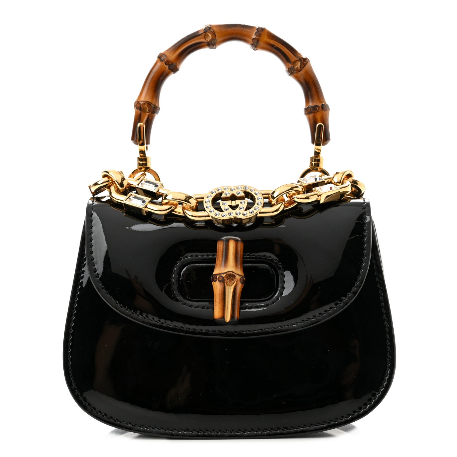 Gucci Patent Crystal Mini Bamboo 1947 Top Handle Chain Bag Black 1 of 9