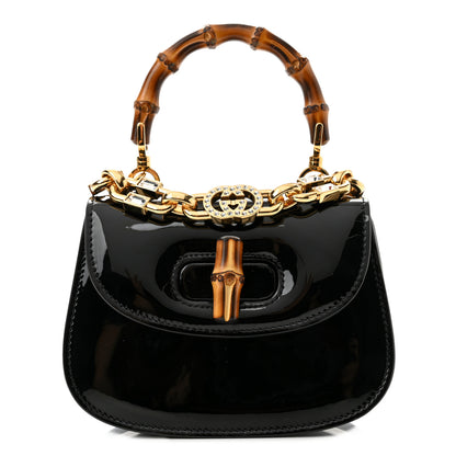 Gucci Patent Crystal Mini Bamboo 1947 Top Handle Chain Bag Black 1 of 9