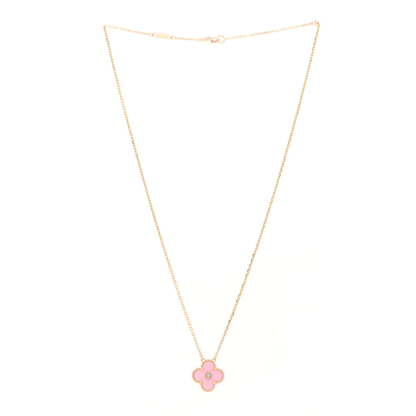 18K Rose Gold Diamond Pink Porcelain Vintage Alhambra Pendant Necklace