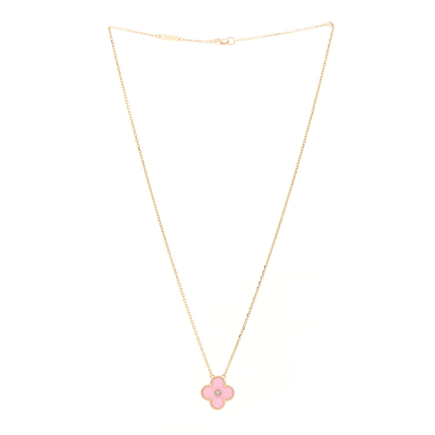 Van Cleef & Arpels 18K Rose Gold Diamond Pink Porcelain Vintage Alhambra Pendant Necklace 3 of 5