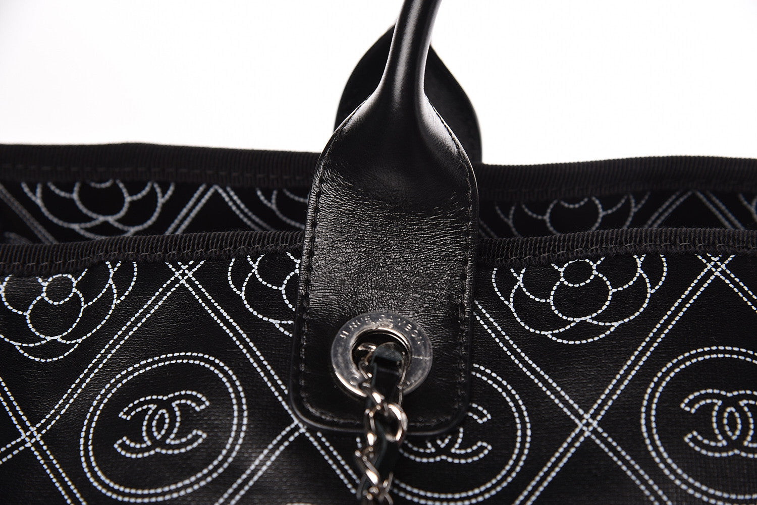 Chanel Coated Canvas Camellia Medium Shopping Tote Black Beige 11 of 14