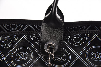 Chanel Coated Canvas Camellia Medium Shopping Tote Black Beige 11 of 14