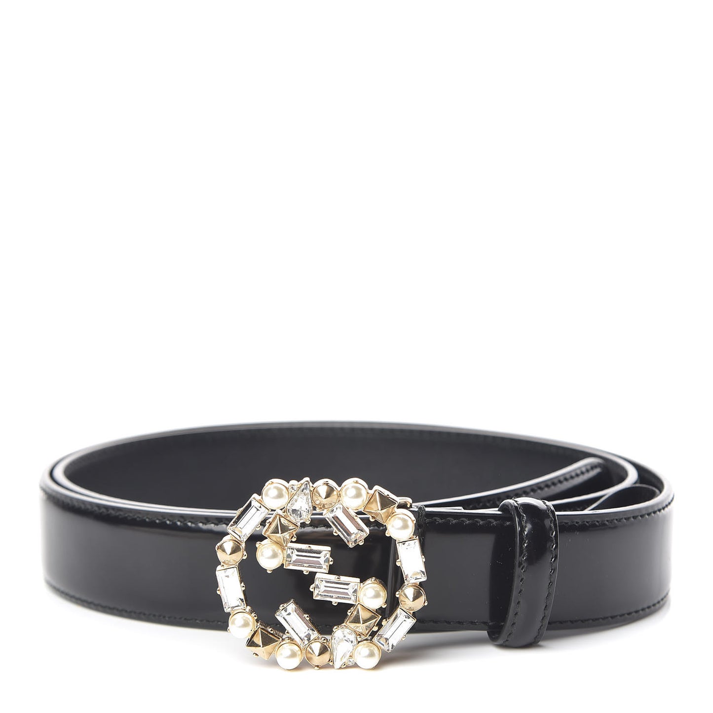 Leather Crystal Pearl Interlocking G Belt 100 40 Black
