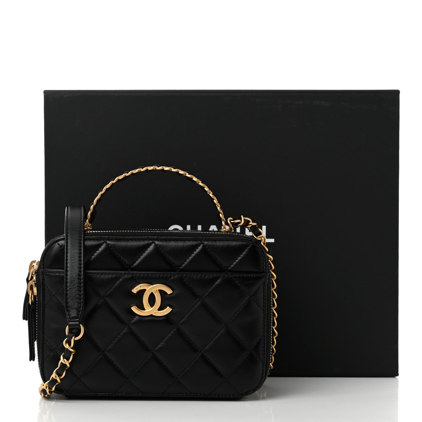 Shiny Calfskin Quilted Top Handle Vanity Black