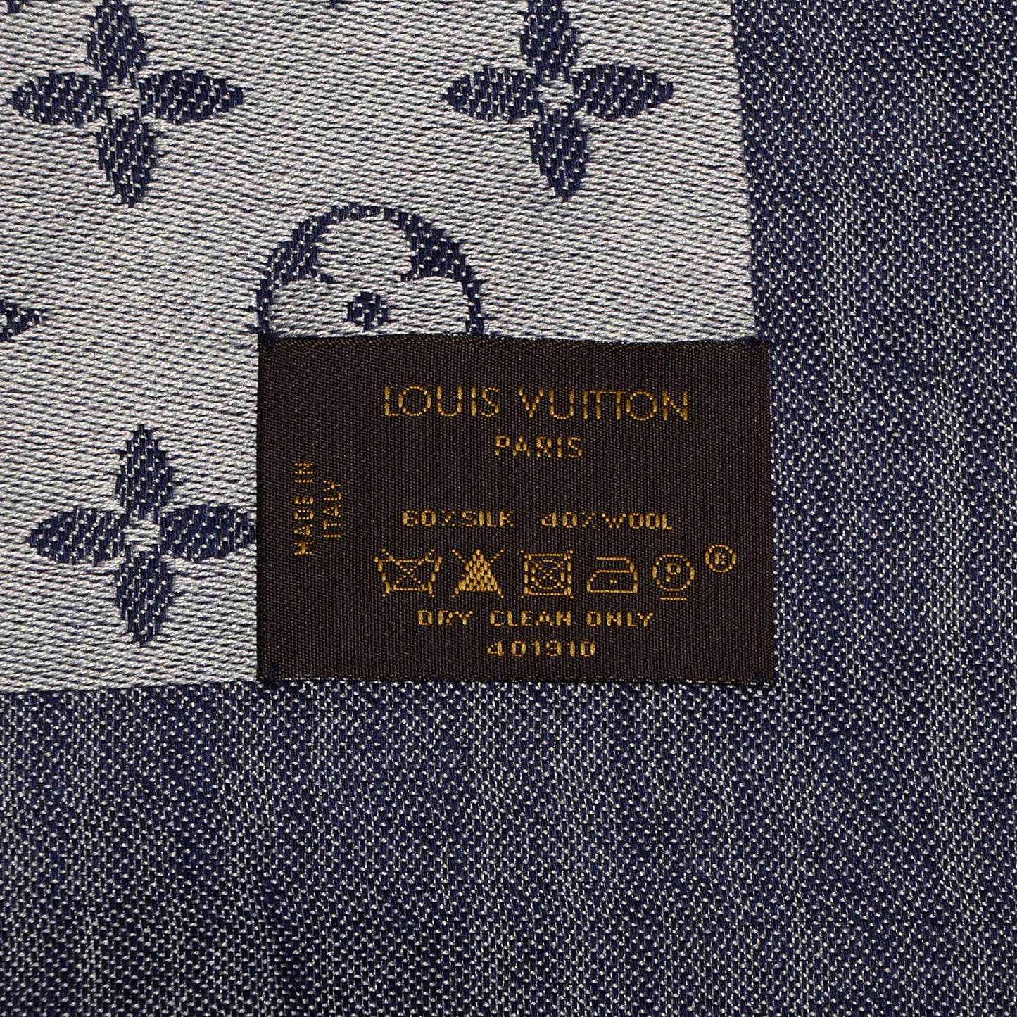 Wool Silk Monogram Denim Shawl Blue