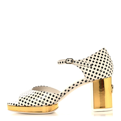 Chanel Printed Calfskin Polka Dot CC Platform Sandals 36.5 Ivory Black 1 of 8