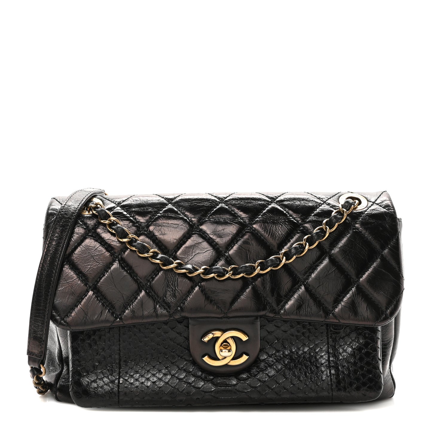 Aged Calfskin Snakeskin Urban Mix Flap Black